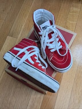 Vans Kids Red and White High-Top Skate Sneakers. Size 11.5